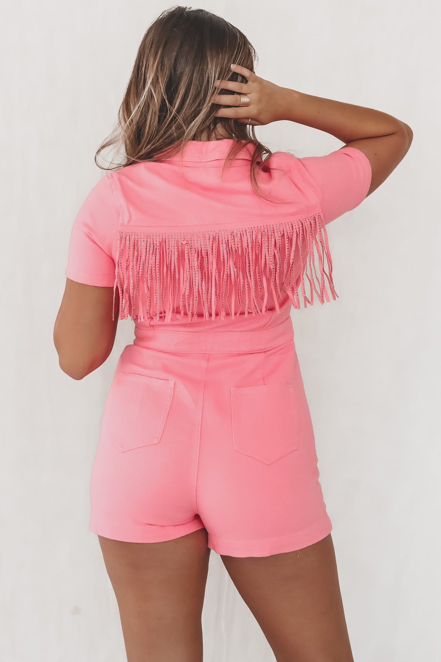 Pink Is The New Party Denim Fringe Romper